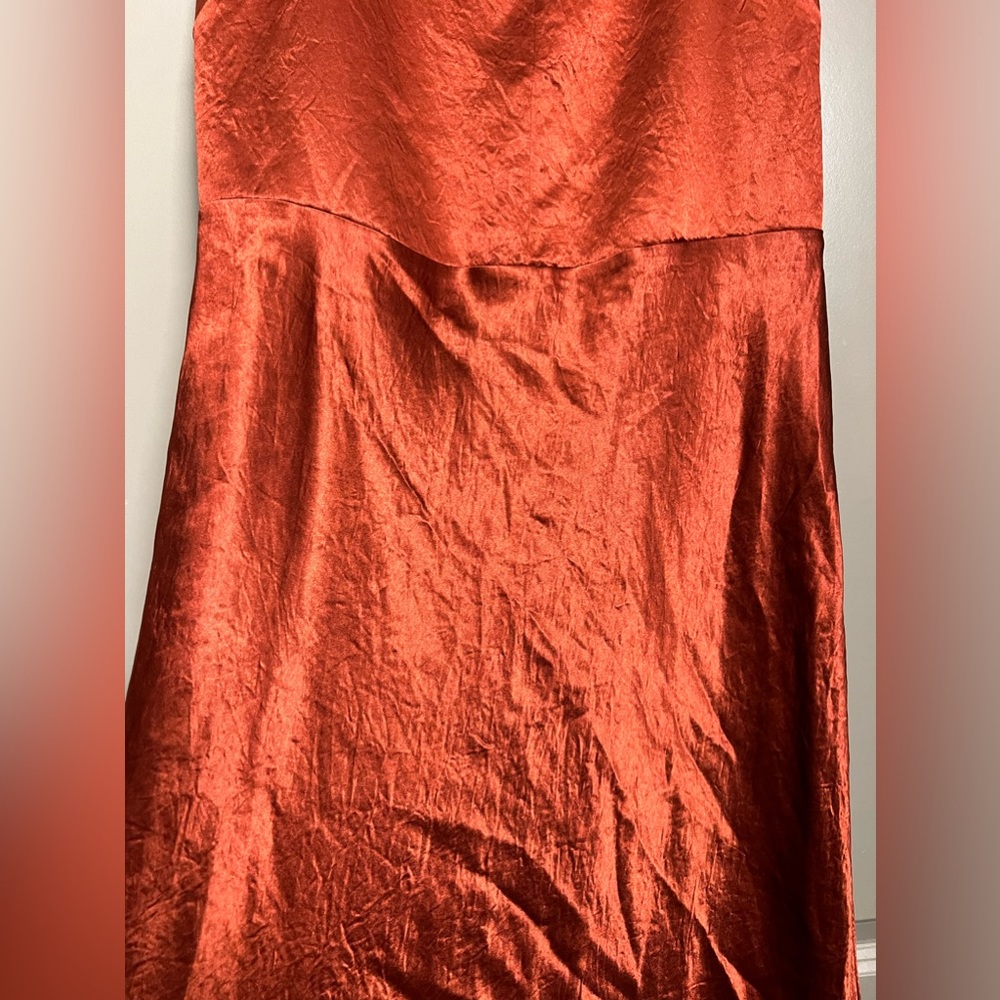 VINCE Fitted Satin Slip Midi Dress in Sangre - Picture 2 of 10